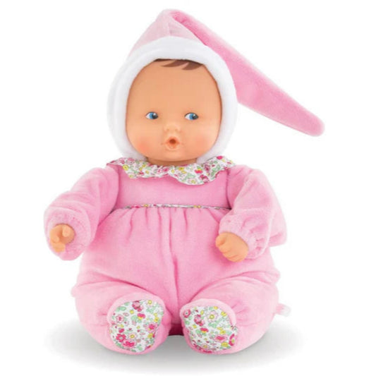 11 inch baby doll wearing a pink onesie and pink hat