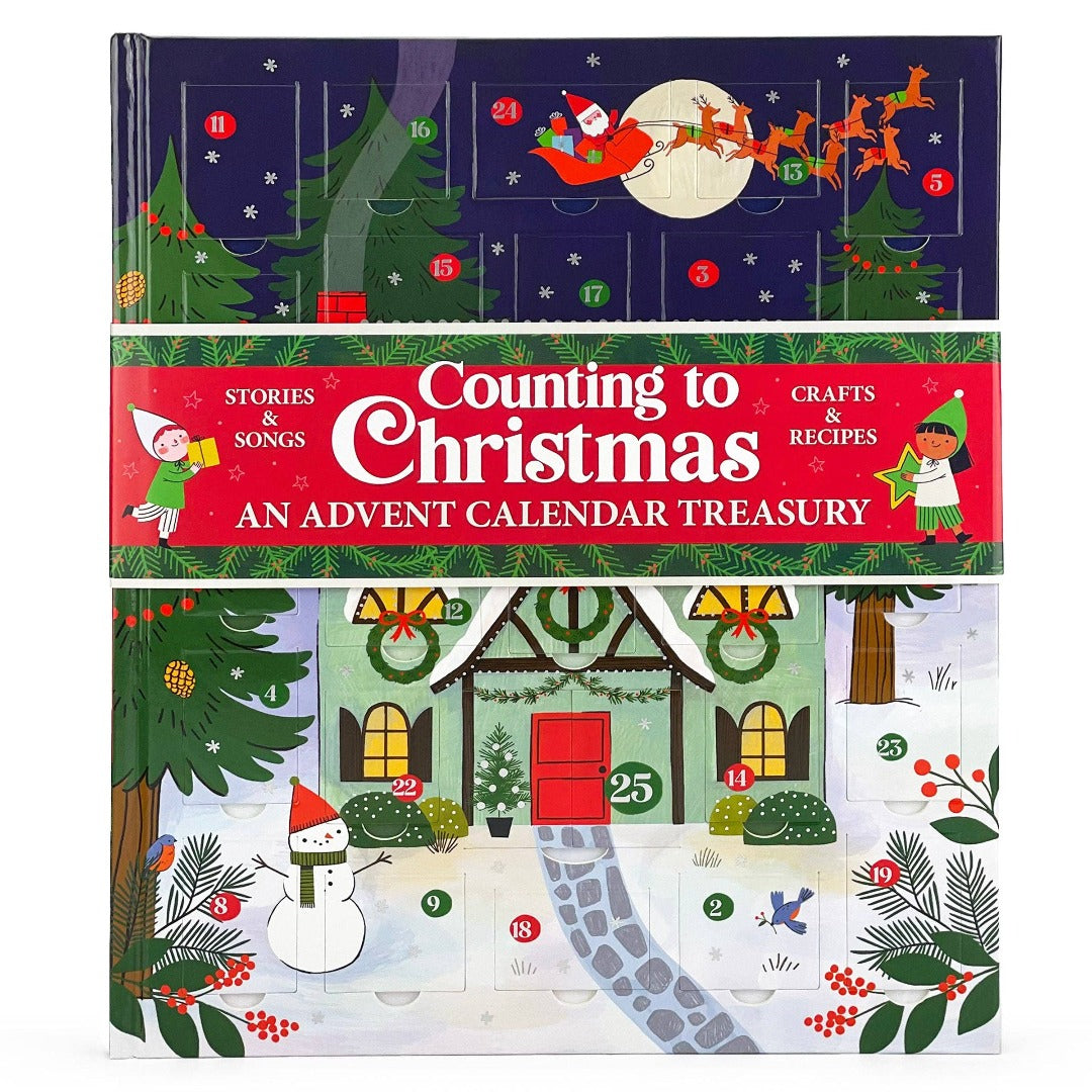 an advent calendar storybook with a little house covered in snow with a snowman outside in a forest with a nighttime sky and santa flying overhead pulled in his sleigh by his reindeer