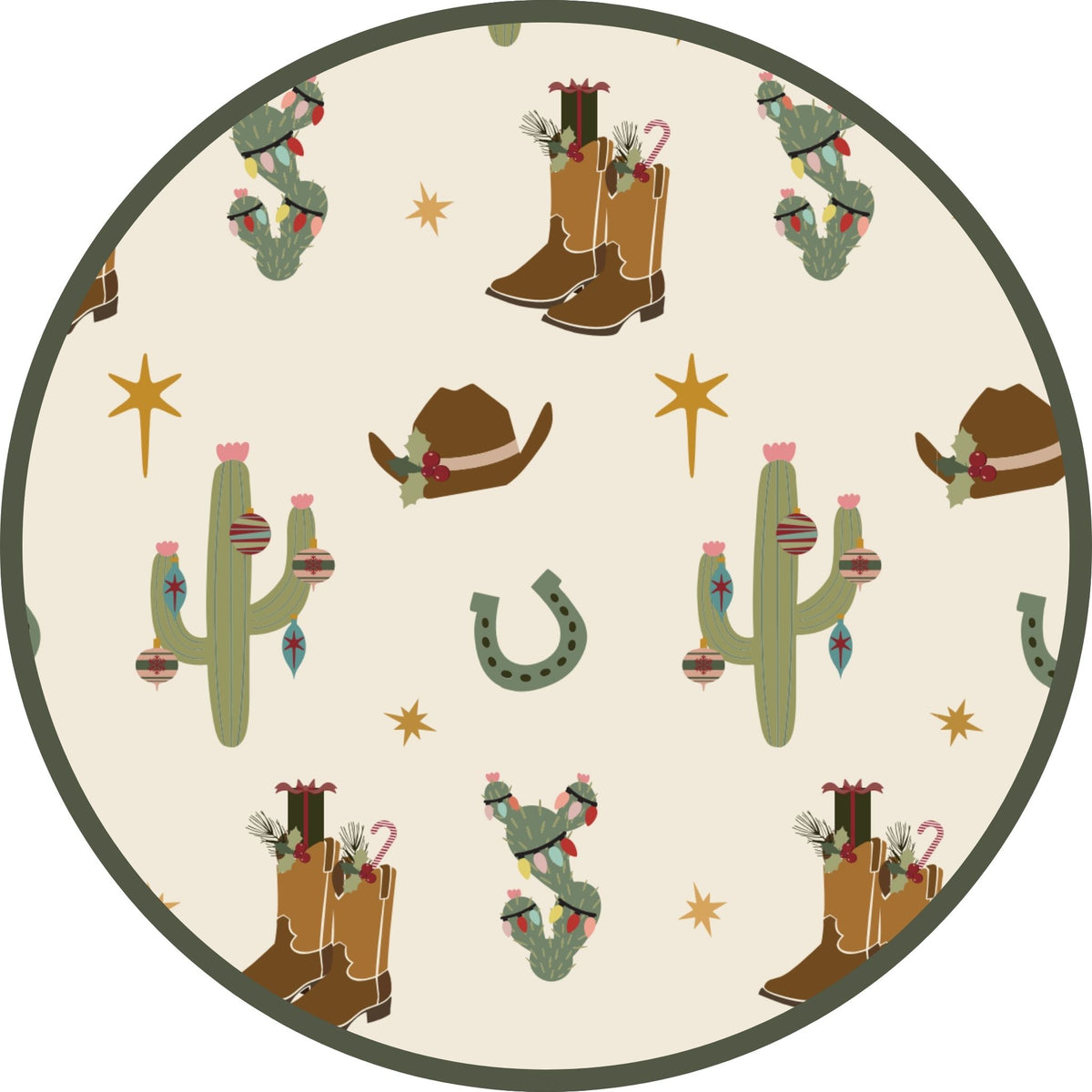 Close-up of Cowboy Christmas print featuring cowboy boots, cacti, horseshoes, and festive Western illustrations on a cream background.