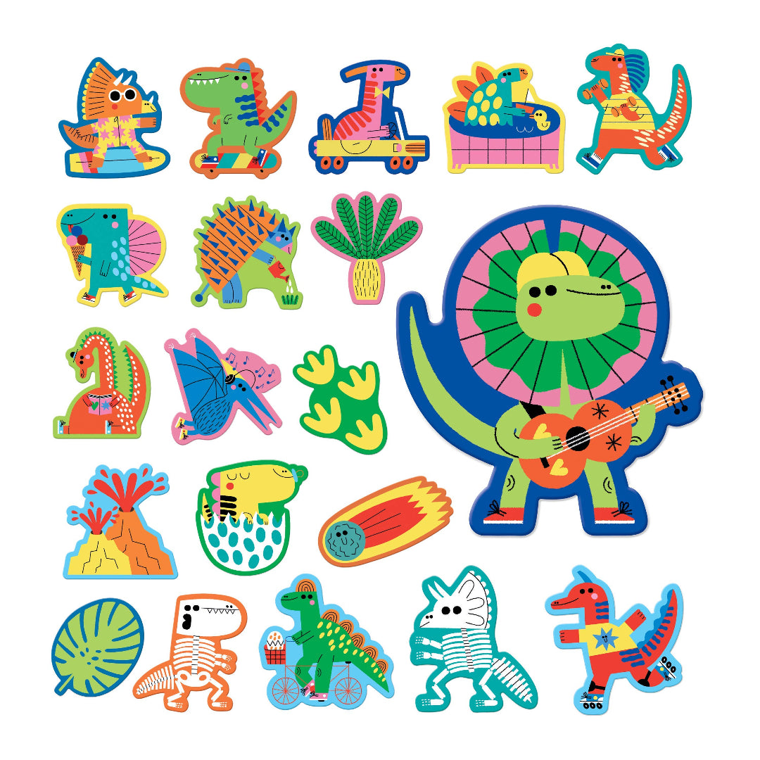 Colorful dinosaur-themed stickers on a white background