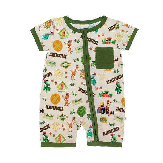 All Aboard the Dinosaur Train™ Bamboo Baby Shortie Romper featuring with green trim, and colorful orange, blue, and green dinosaurs on train tracks with "Dino Train" print.