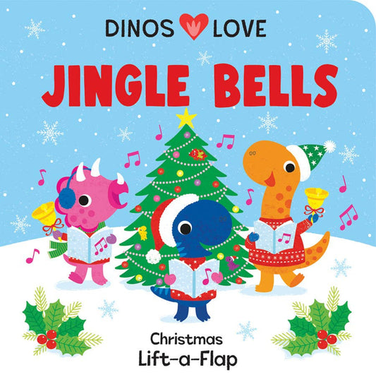 3 dinosaurs singing Christmas carols in front of a Christmas tree outside on a snowy day