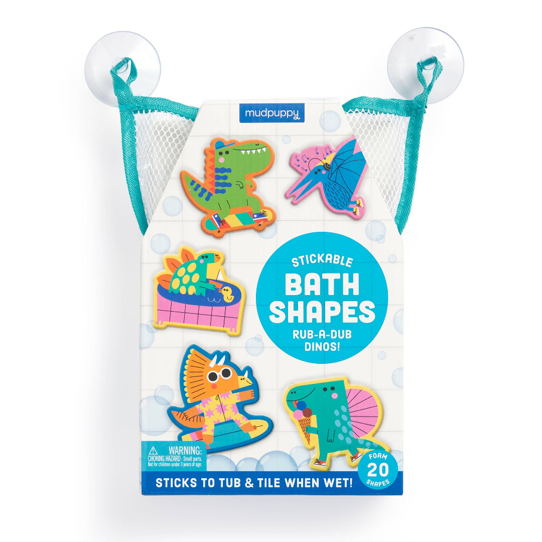 Packaging of Mudpuppy stickable bath shapes with dinosaur designs on a white background