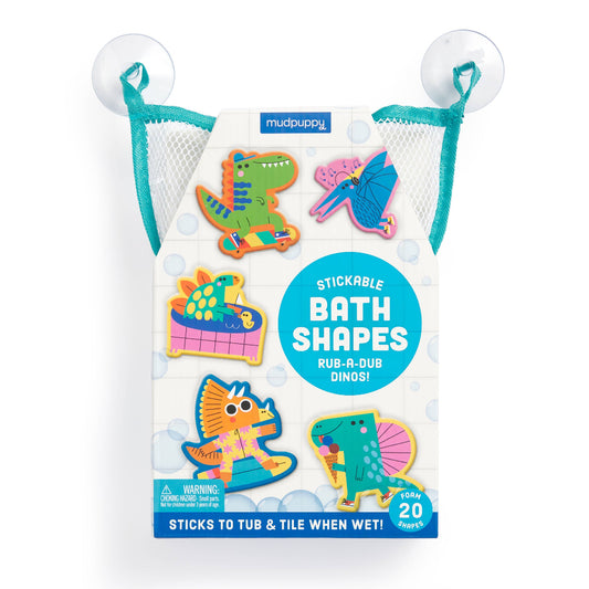 Packaging of Mudpuppy stickable bath shapes with dinosaur designs on a white background