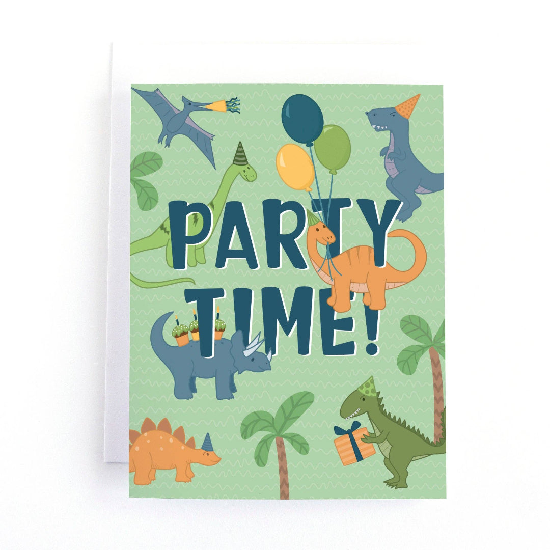 birthday card with dinosaurs on the front that says party time