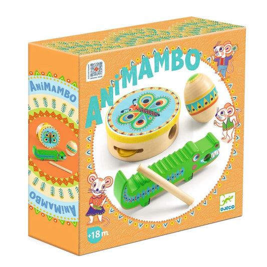 Box of Animambo wooden toys with colorful instruments on an orange background