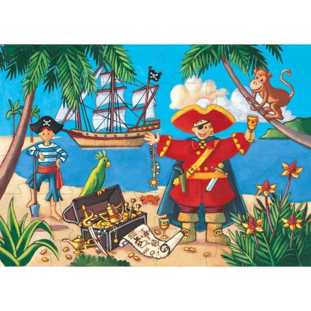 Pirate-themed puzzle with characters, treasure chest, and ship on a beach background.
