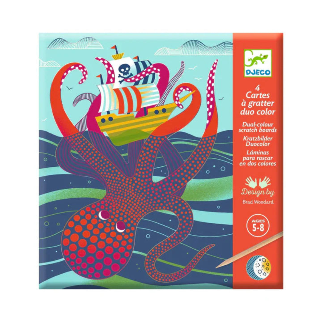 Packaging of Djeco scratch boards with an octopus and ship design on a blue background.