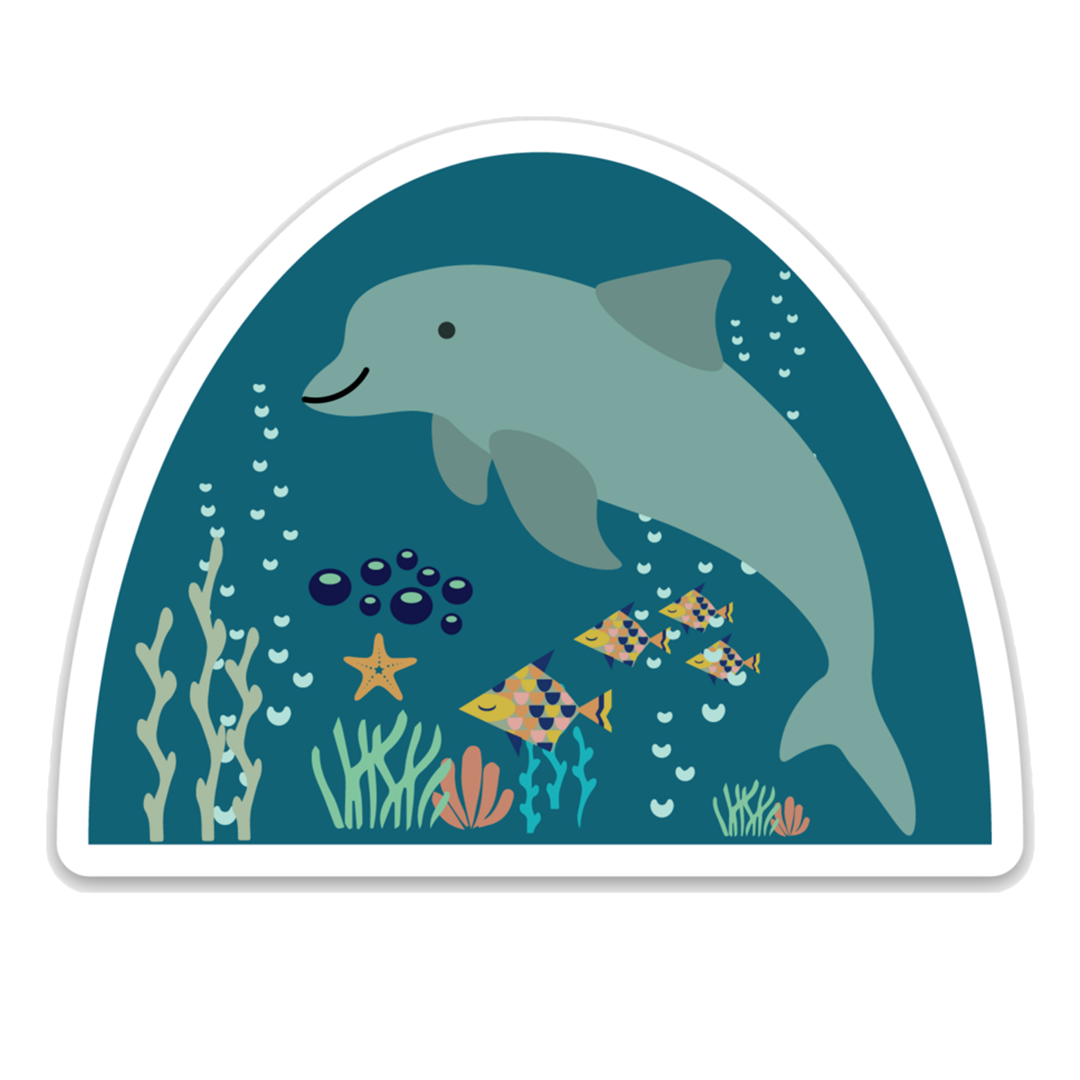the dolphin sticker is blue sticker with a big dolphin on it. you can also see seaweed, bubbles, fish, coral, and starfish mixed on to the sticker.