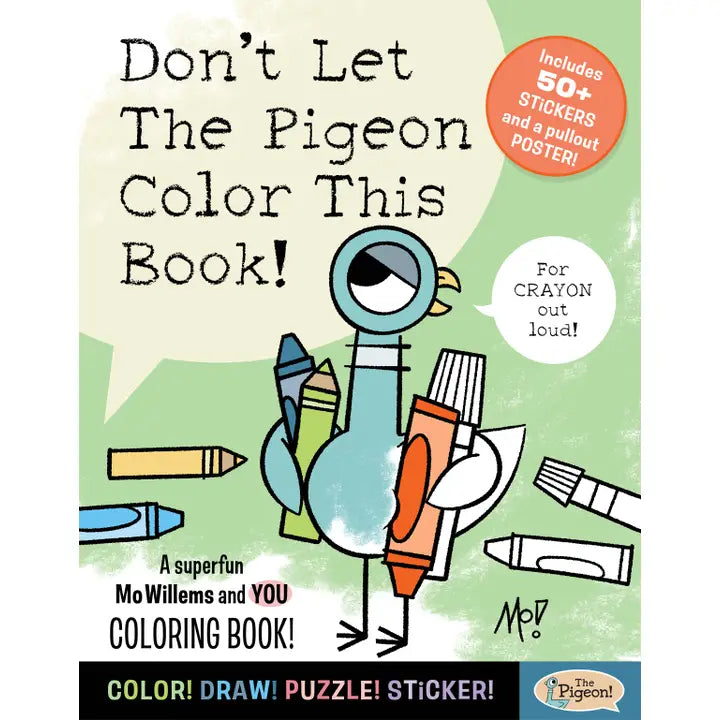 a coloring book with a pigeon on the cover holding markers and crayons