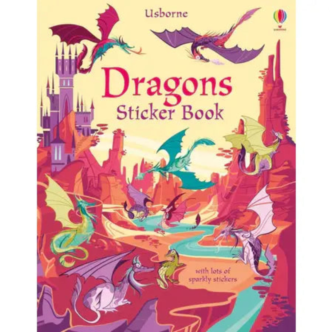 sticker book with an image of a castle and dragons flying around
