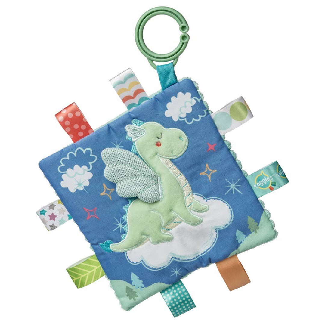 square crinkle baby toy with a dragon on the front and tabs all around the edges