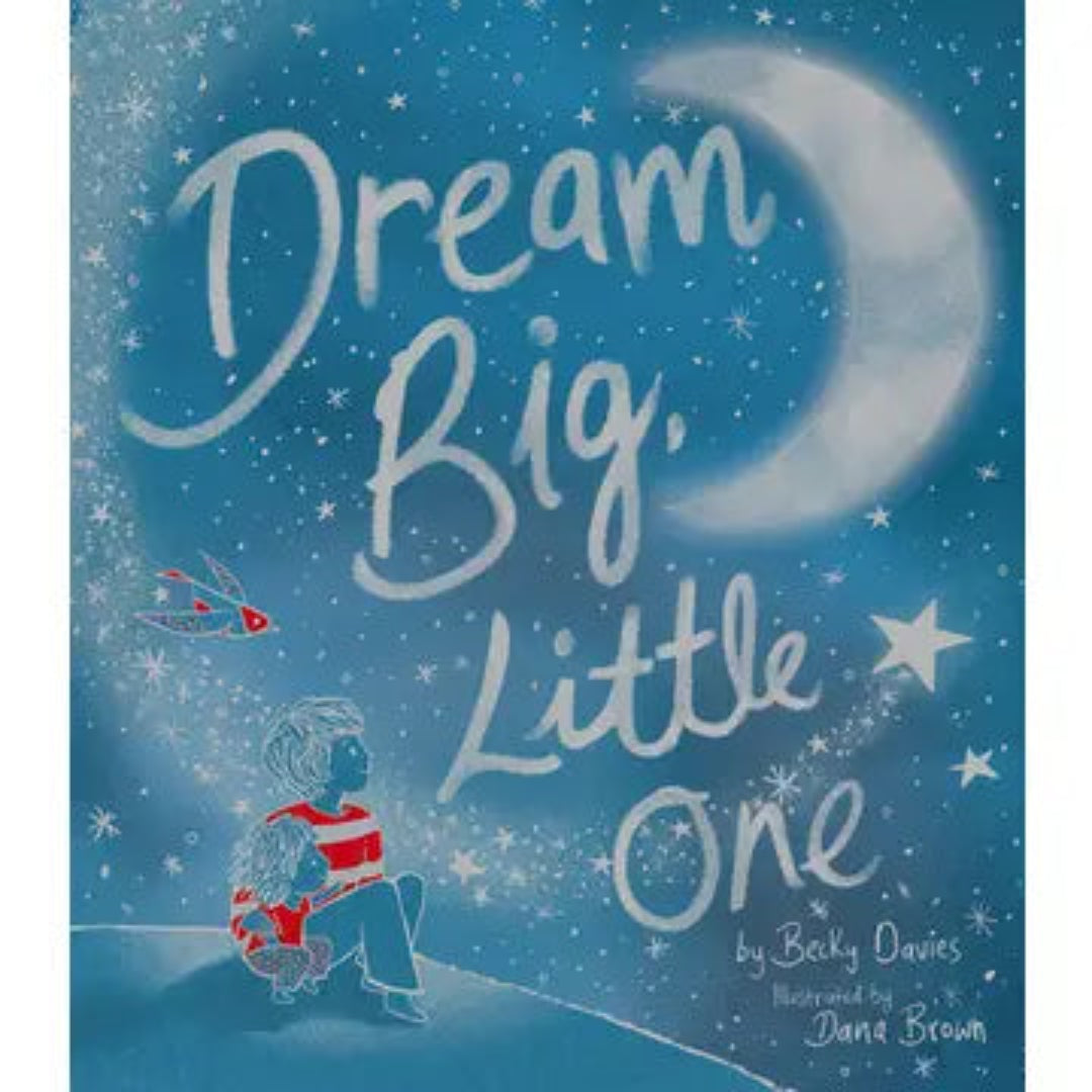 a blue book with a child sitting with their parent staring into the night sky