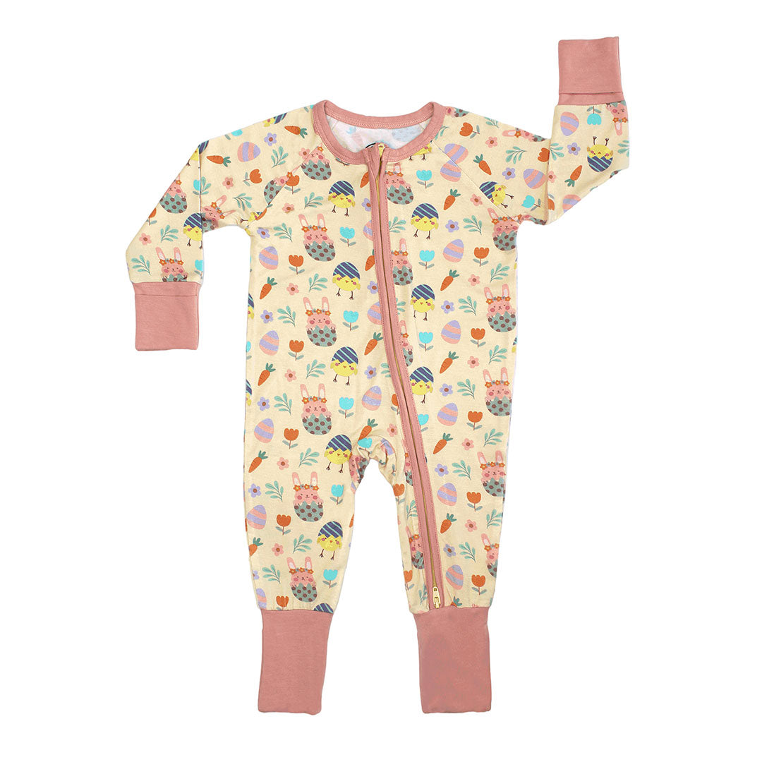 the "egg hunt" convertible. the "egg hunt" print is a easter theme. the colors are pastel. you can find flowers, carrots, easter bunnies in easter eggs, and chicks who have half an easter egg on their head.