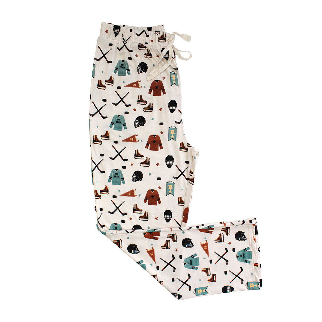 Bamboo lounge pants with hockey print on a white background.