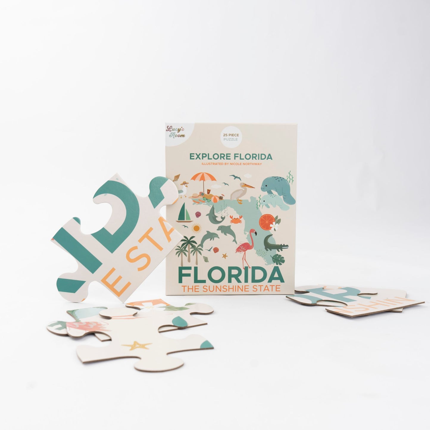 Children's puzzle with 'Explore Florida' packaging on a white background