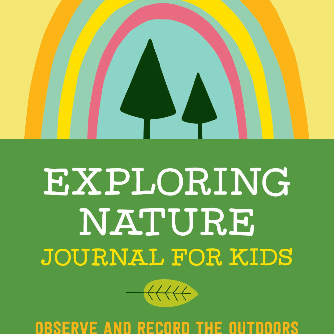 a journal called exploring nature with a picture of green grass, 2 trees and a rainbow on the cover