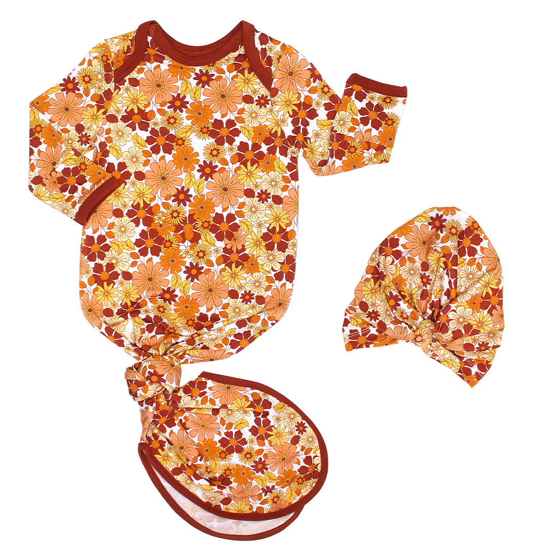 Fall Floral Bamboo Gown and Hat Newborn Baby Gift Set