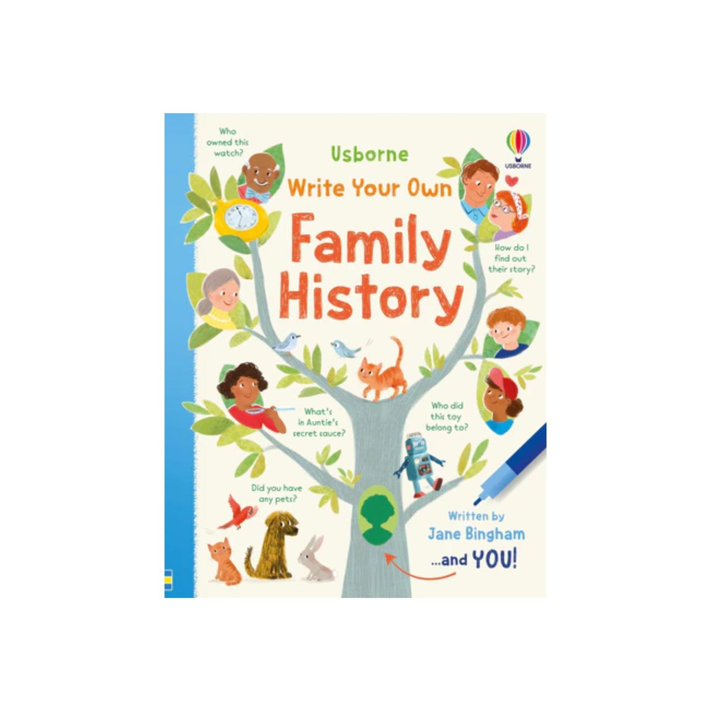 Book cover of 'Write Your Own Family History' by Usborne with illustrations of children and animals on a tree.