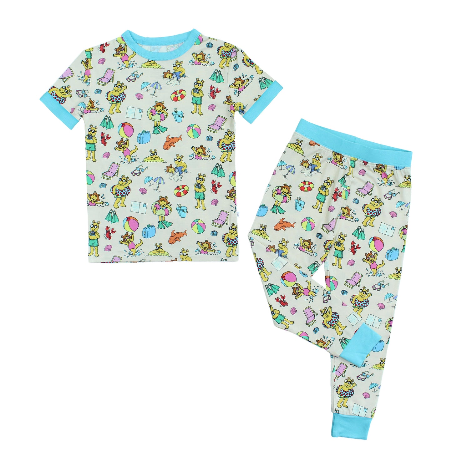 Arthur's Family Vacation Bamboo Short Sleeve Kids Pajama Pants Set featuring vibrant light blue trim and a playful print of Arthur™ in swimwear surrounded by fun beach props — perfect for family getaways.