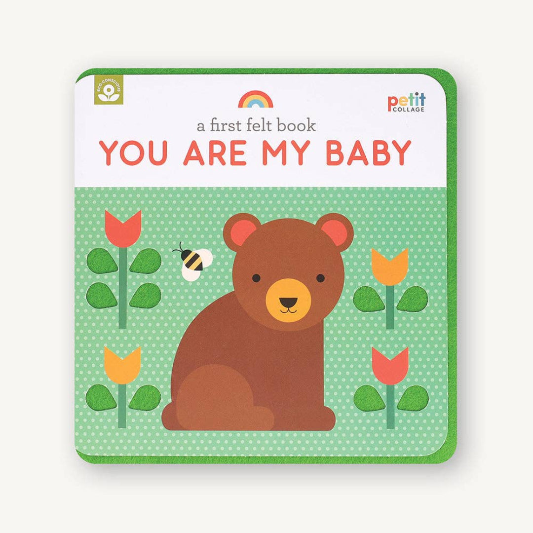 baby book made out of felt that has a bear and flowers on the front