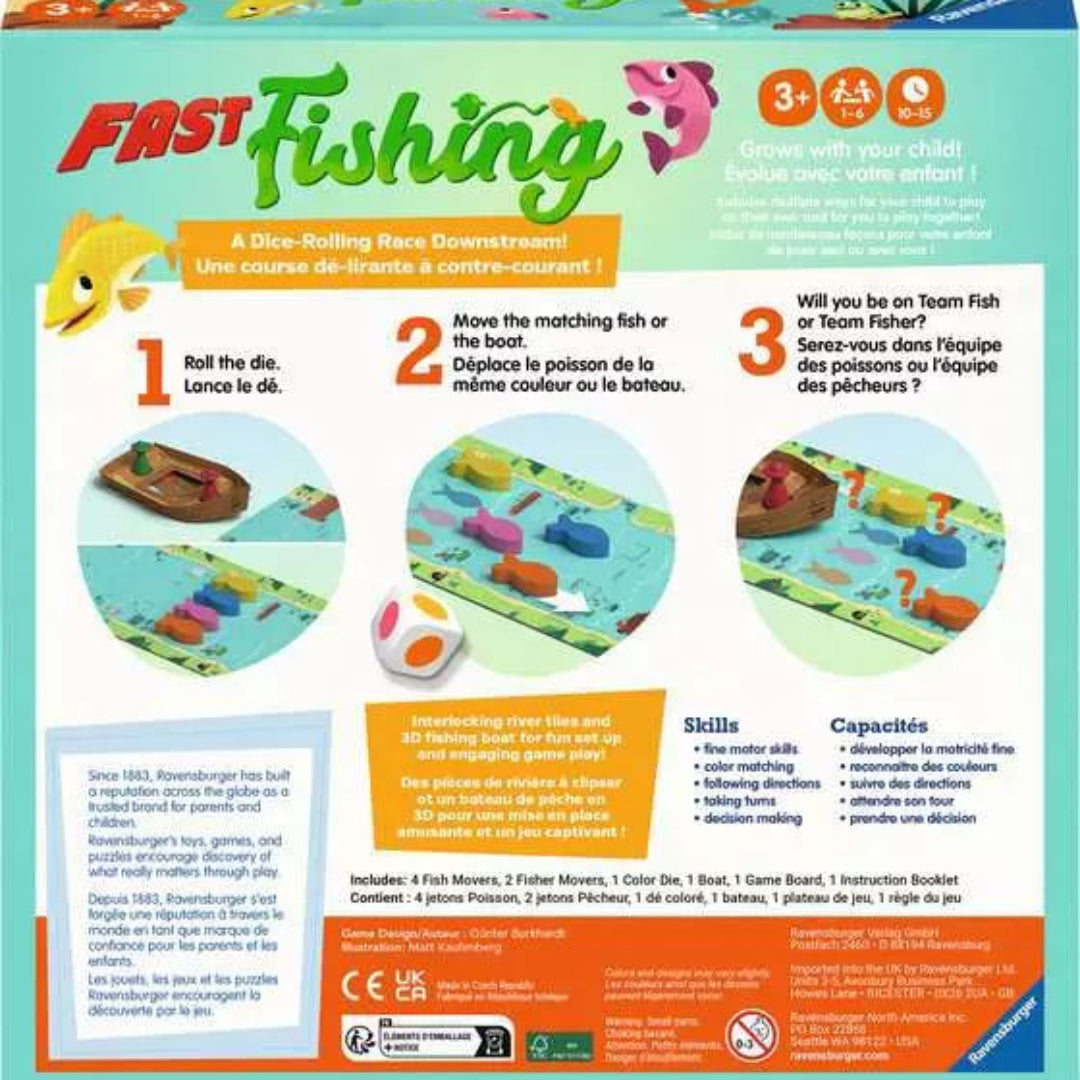 Box of 'Fast Fishing' game by Ravensburger with colorful graphics and text.