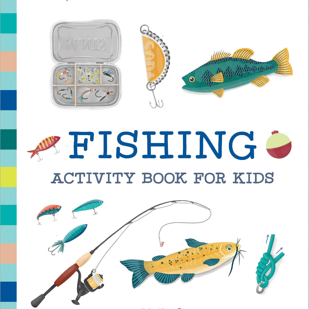 a fishing activity book for kids with fishing gear on the cover