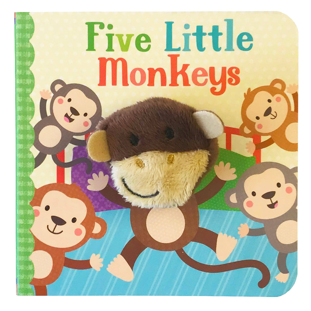 Brown monkey finger puppet on a board book with four other brown monkeys