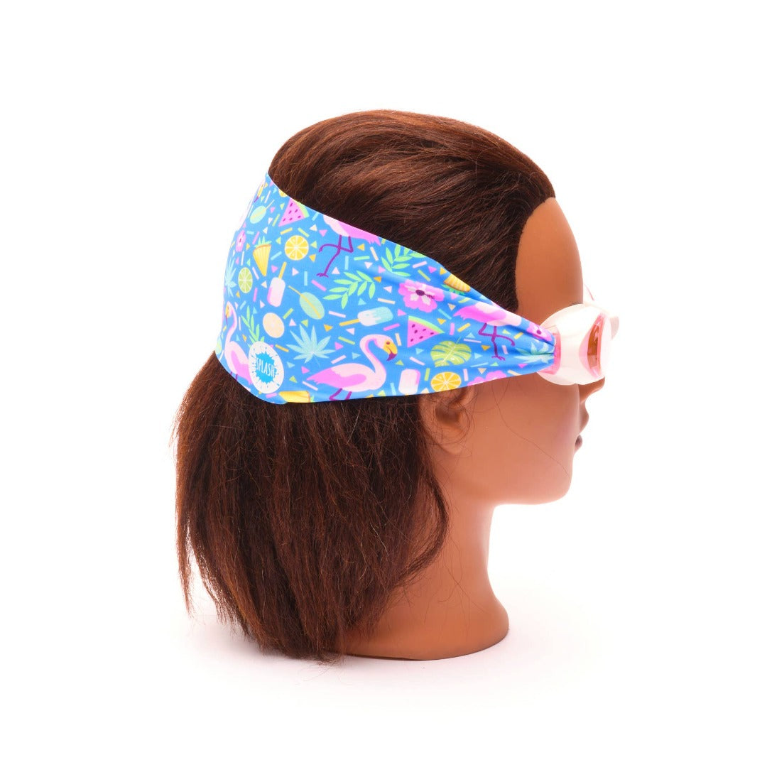 • Splash Place flamingo pop swim goggles with pink flamingo fabric strap
• No tangle fabric strap swim goggles with pink tinted lenses and white frame