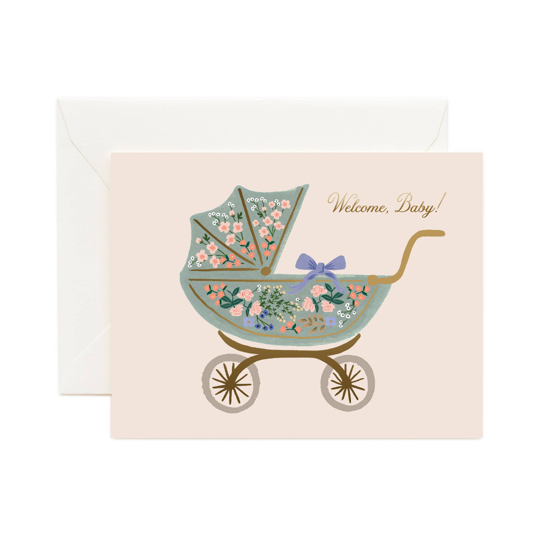 floral pram baby shower card that says welcome, baby!