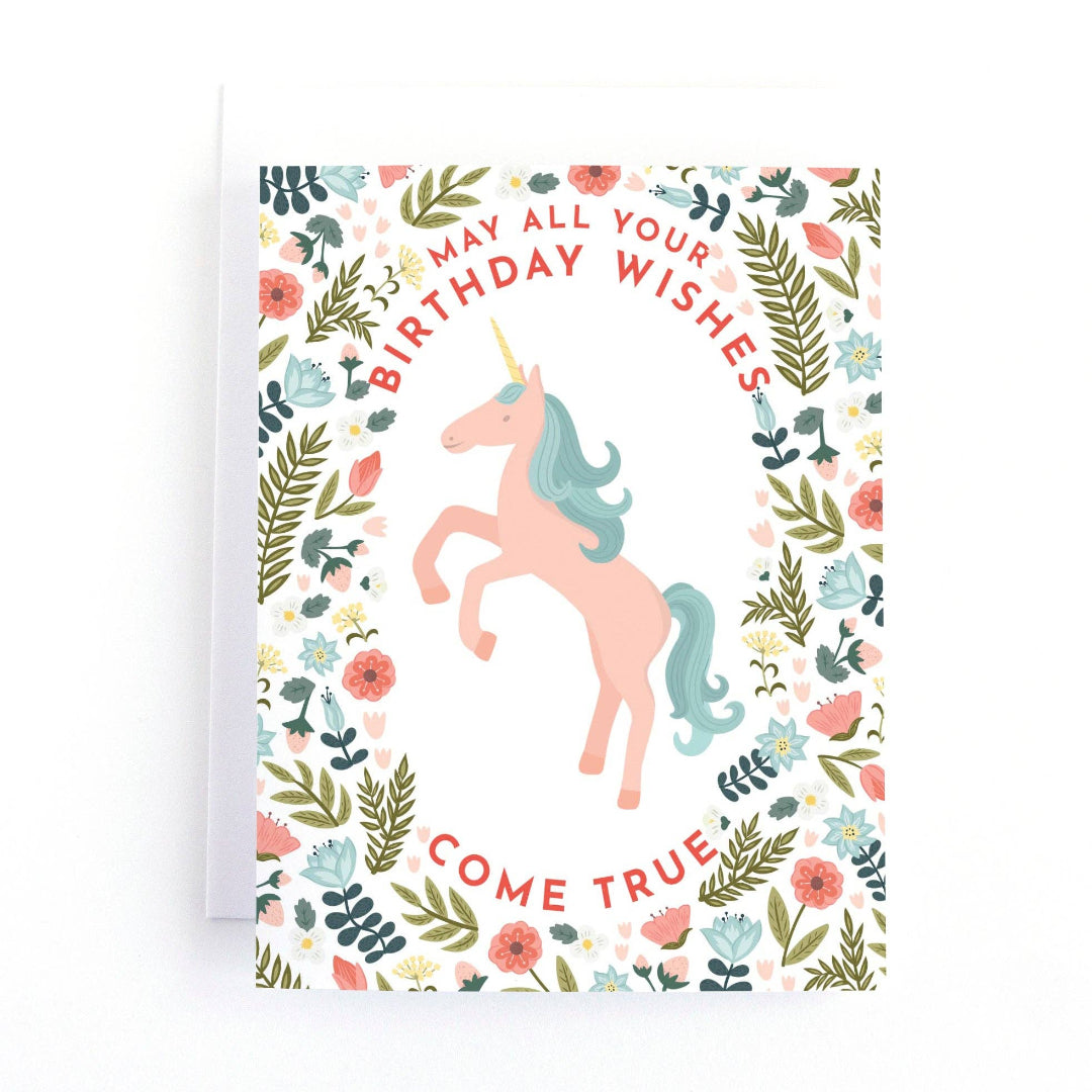 floral unicorn birthday card that says may all your birthday wishes come true
