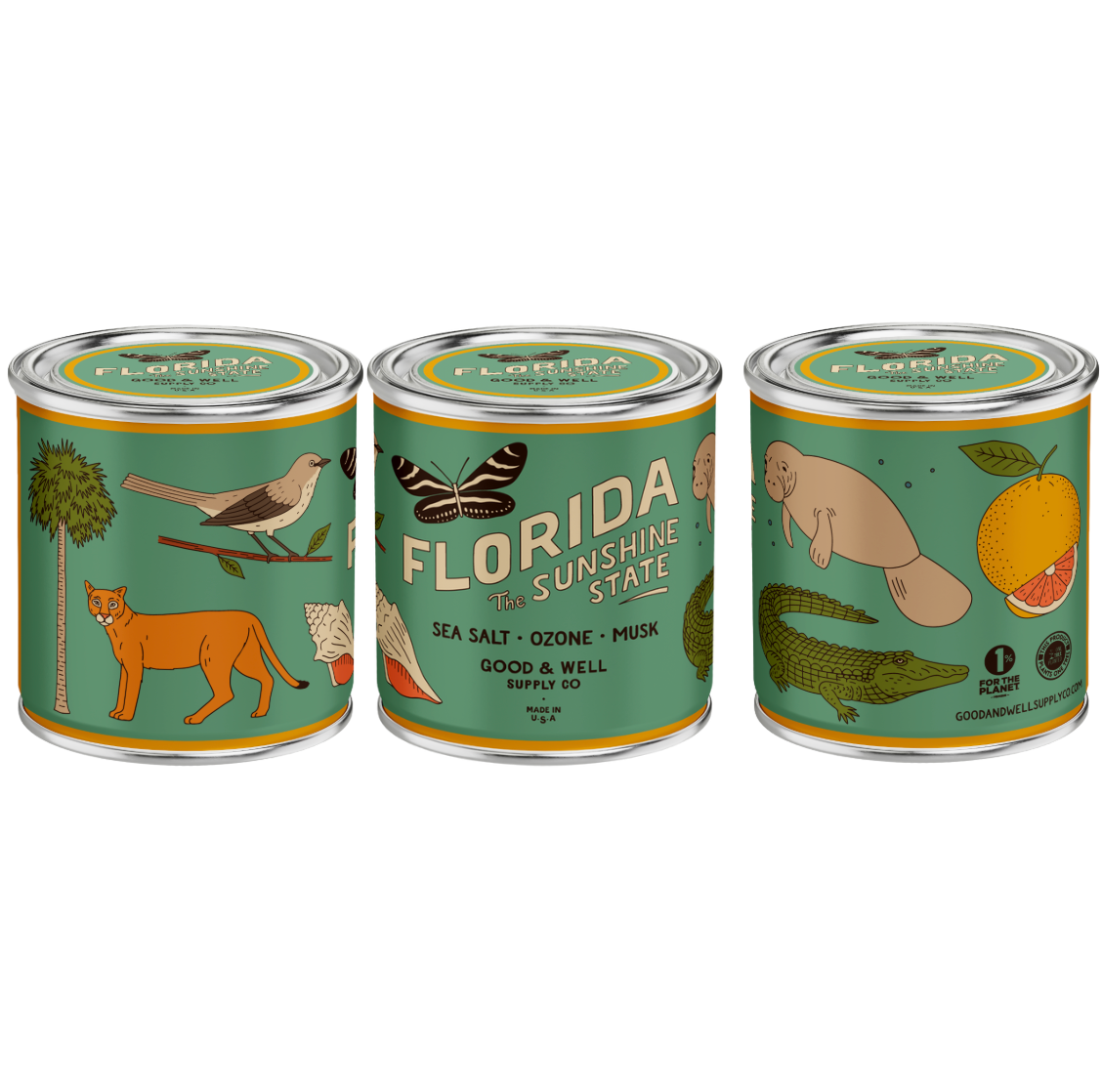 Three cans of 'Florida' themed product with illustrations on a white background