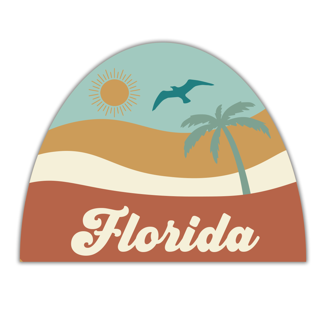 the "florida beach" sticker is a animated beach with a seagull, palm tree, and sun on it. the word "florida" is printed on it.
