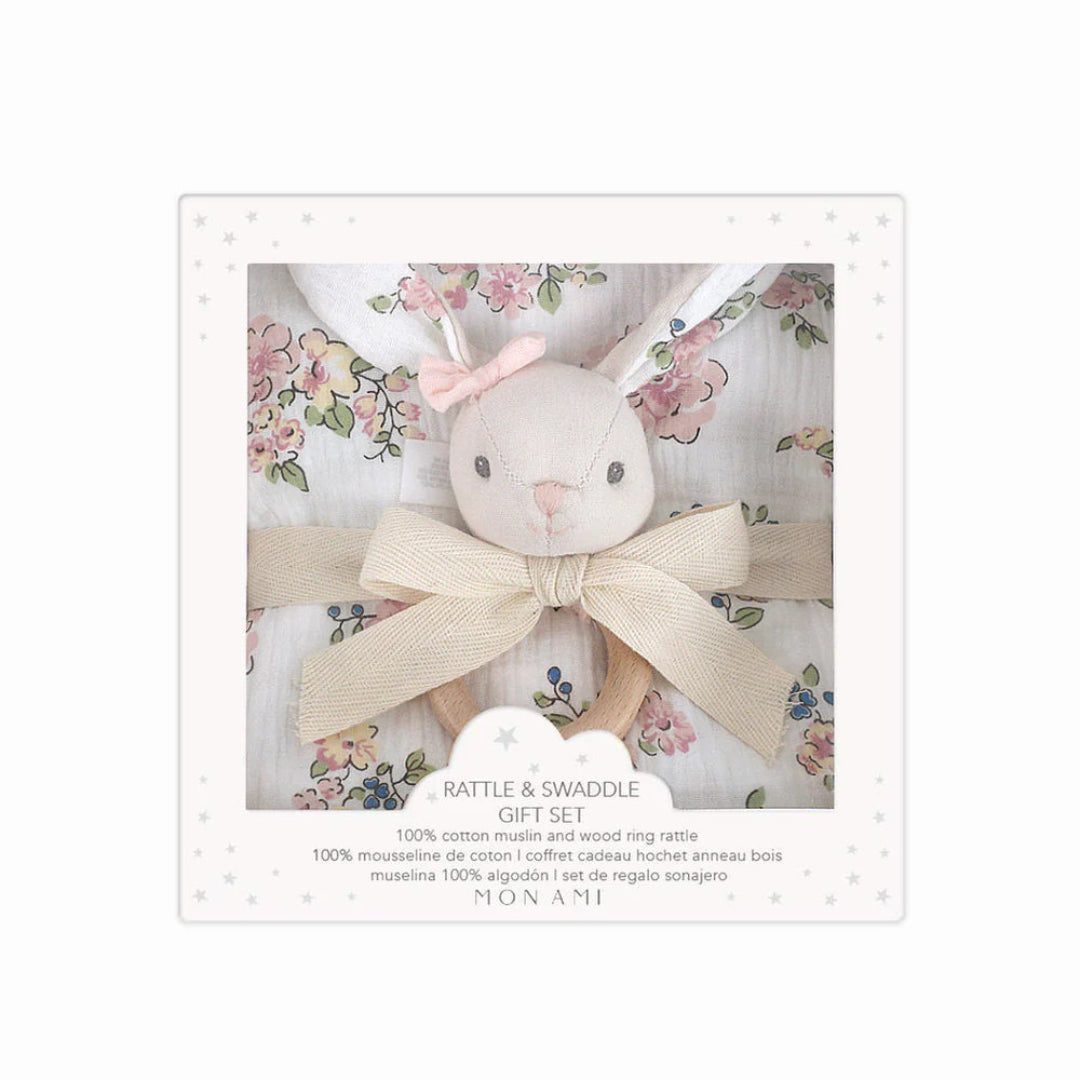 floral swaddle blanket gift set with a bunny rattle included