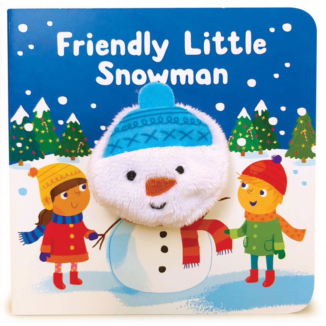 board book with children on the front with a snowman. The snowman has a pop out fabric finger puppet head