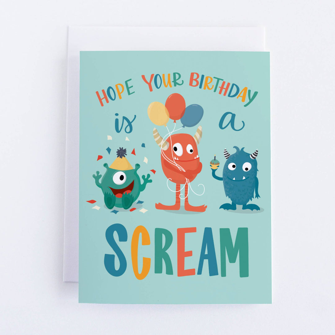birthday card with 3 friendly monsters on the front that says hope your birthday is a scream