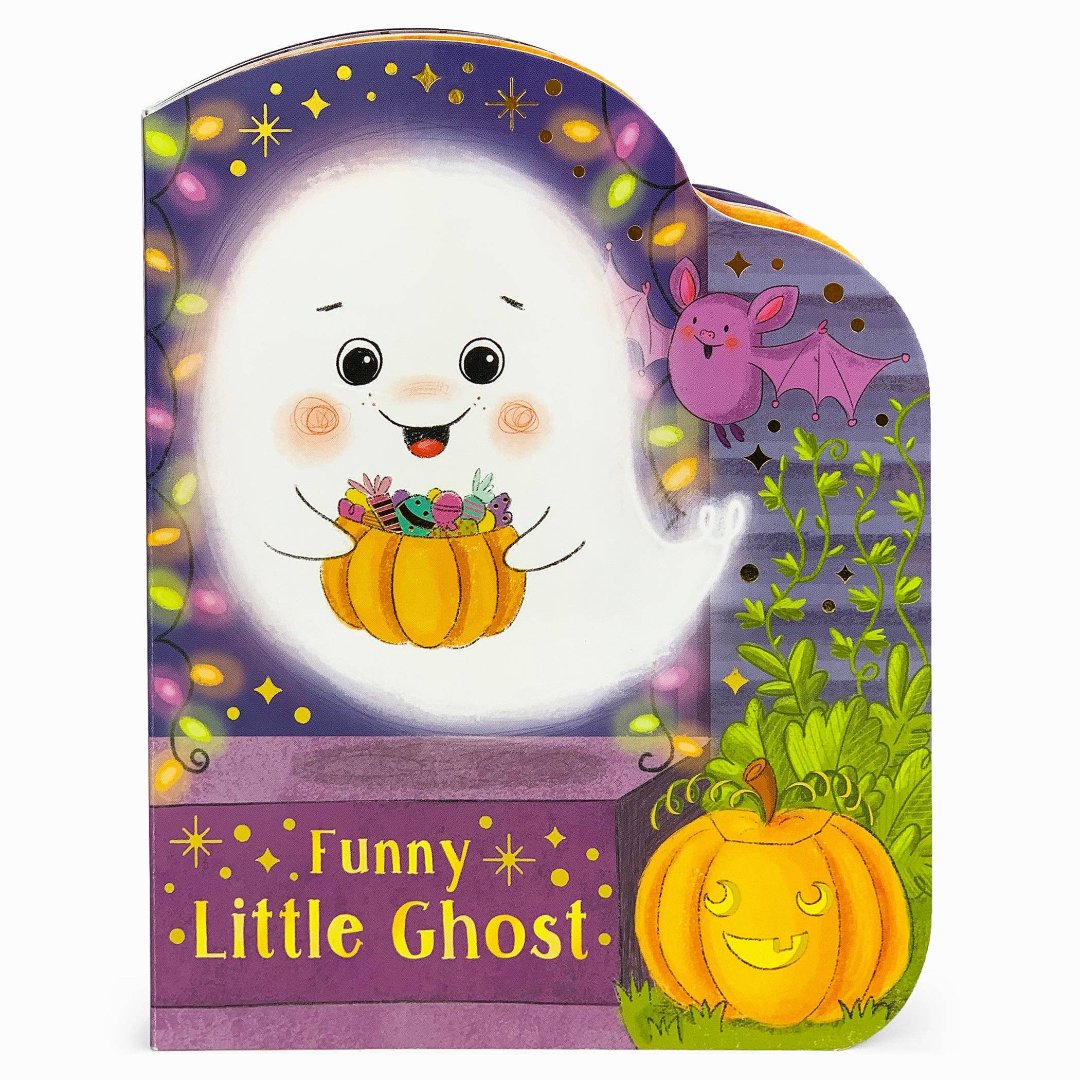 purple board book with a little ghost holding a pumpking full of candy