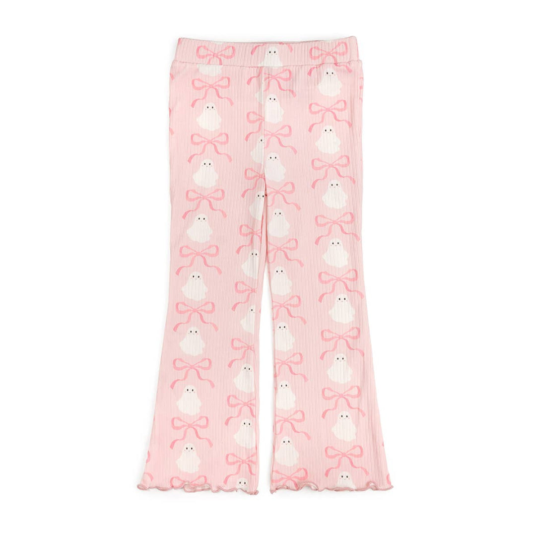 pink flare leggings with ghosts and bows on them