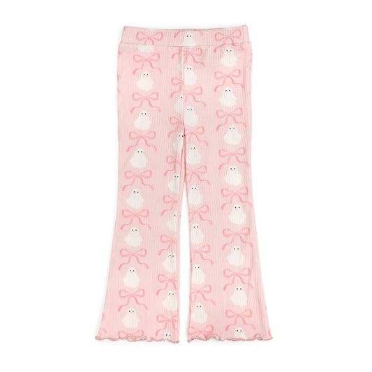 pink flare leggings with ghosts and bows on them