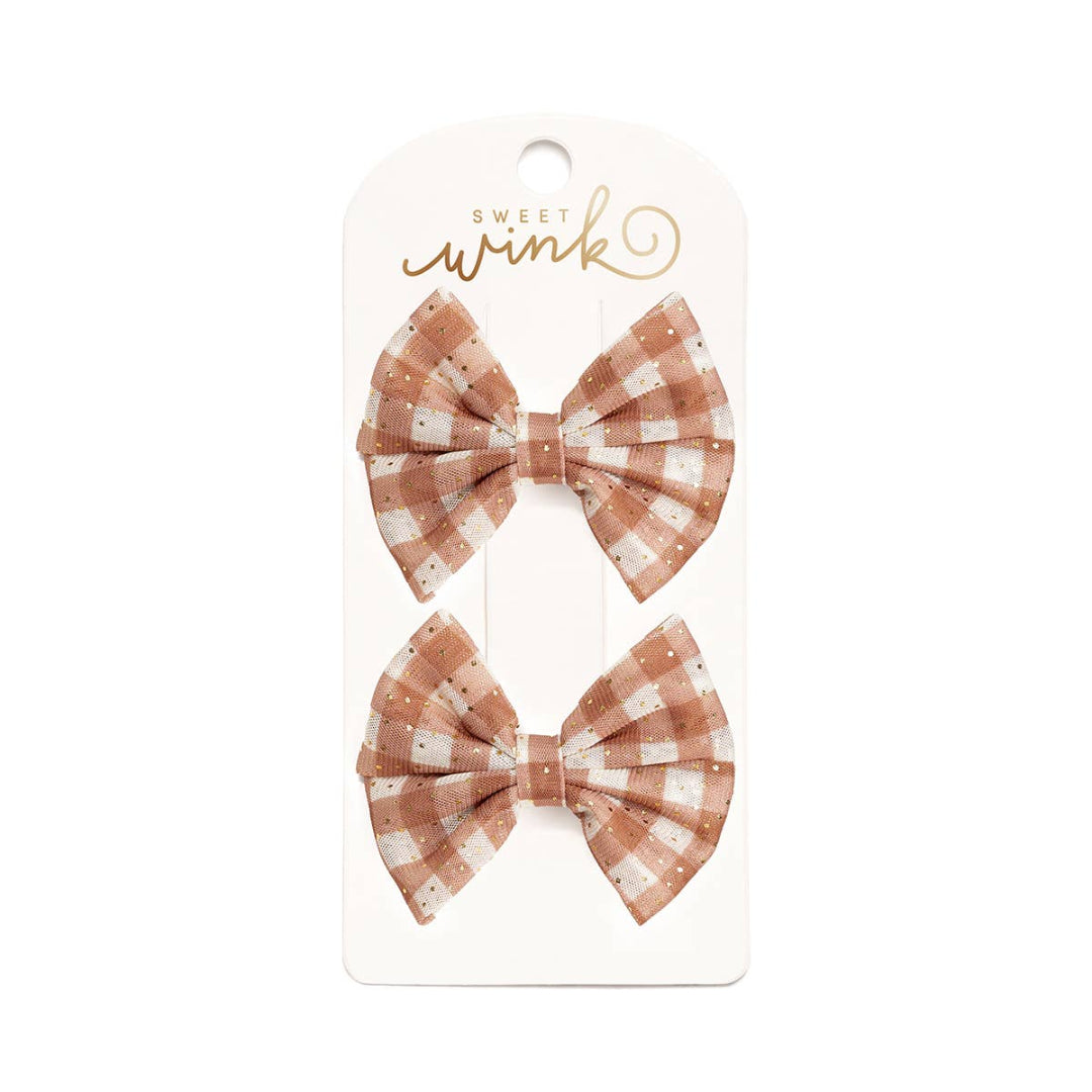 2 brown and white gingham hair bows