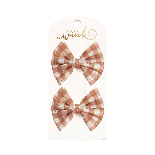 2 brown and white gingham hair bows