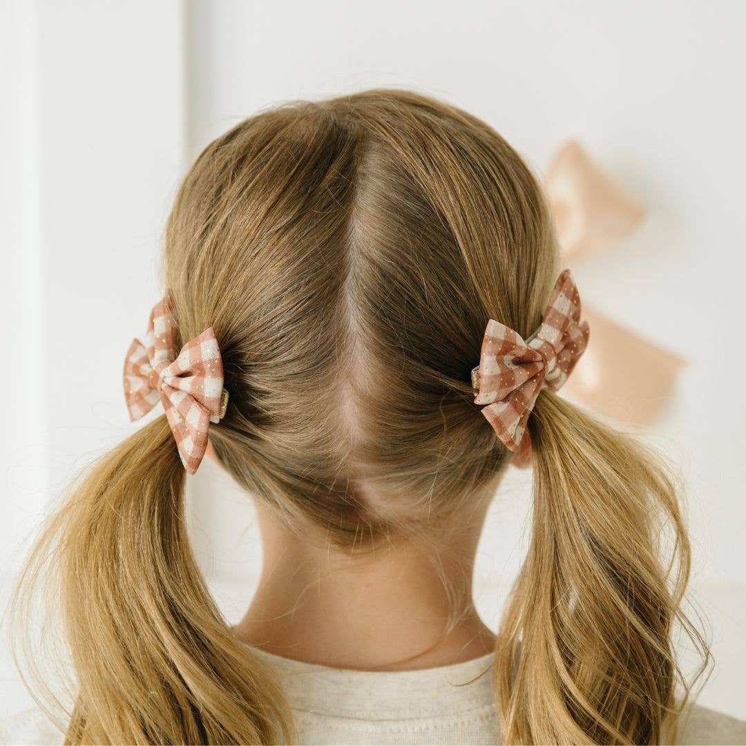 2 brown and white gingham hair bows