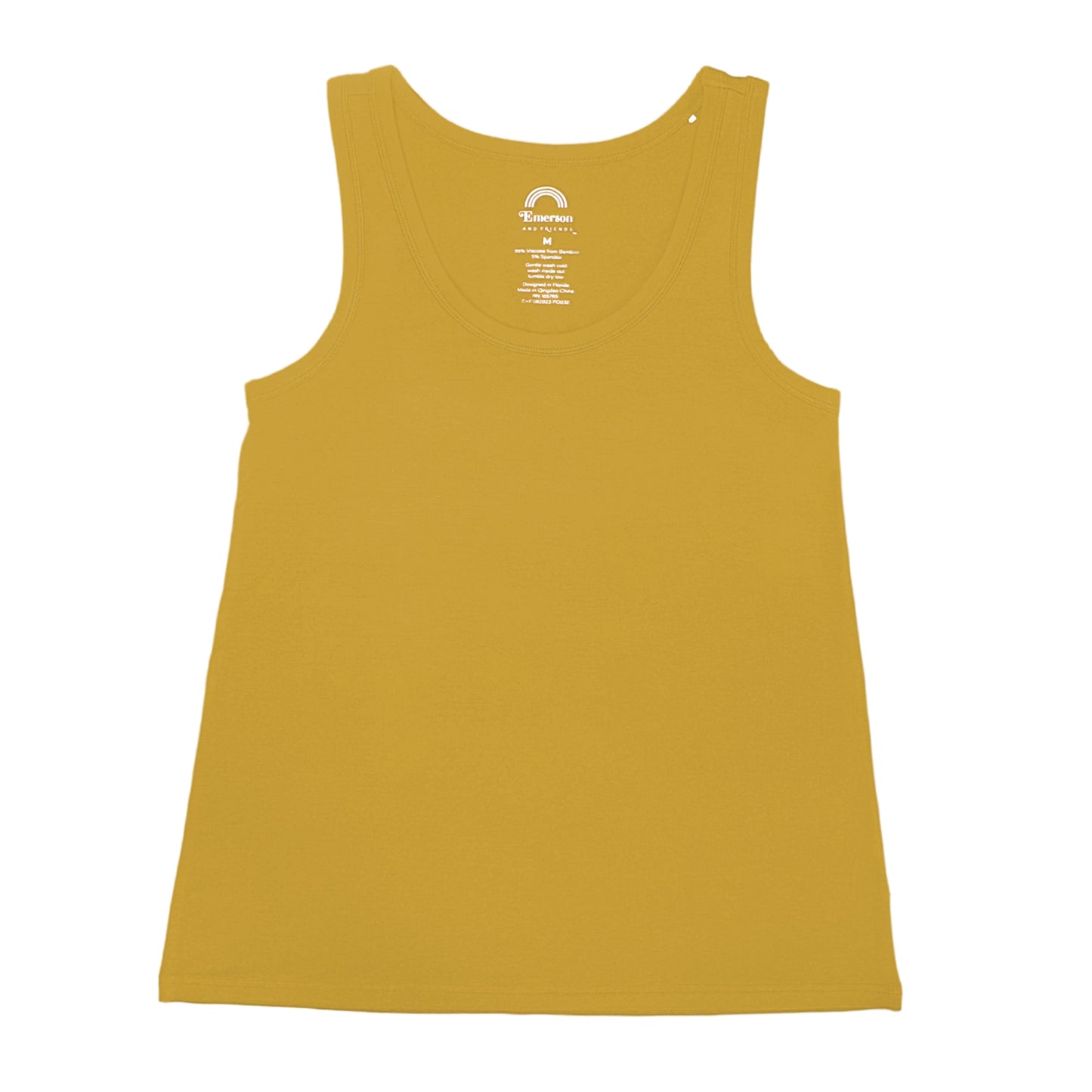 Yellow tank top with a brand label on a white background