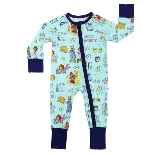 Emerson and Friends Good Night Arthur™ Bamboo Convertible Baby Pajamas, featuring a nostalgic bedtime-themed print with Arthur and friends, ultra-soft bamboo fabric, fold-over cuffs, and a two-way zipper for easy diaper changes and all-night comfort.