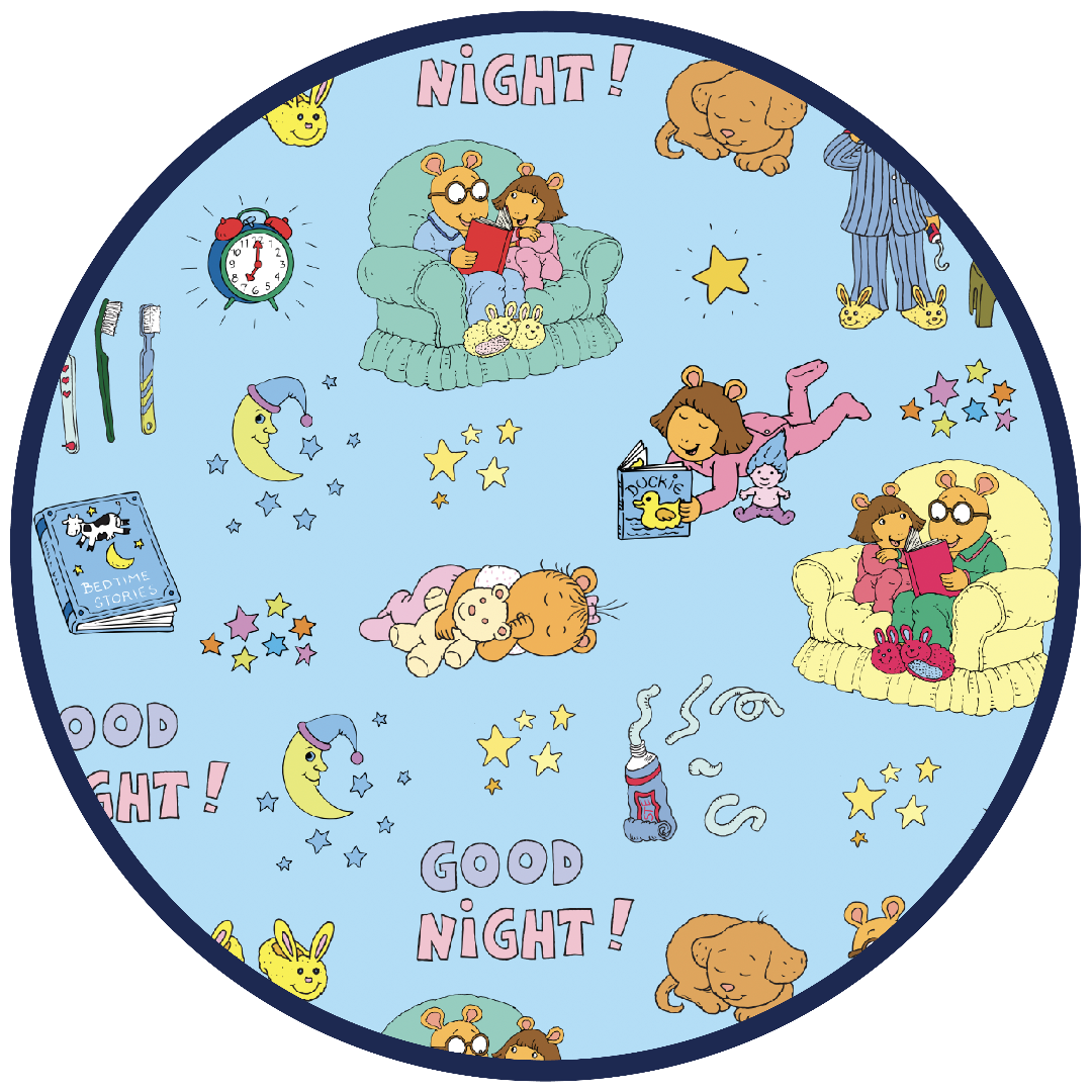 Emerson and Friends Good Night Arthur™ Print, featuring a charming bedtime-themed design with Arthur and friends reading books, cuddling plush toys, and getting ready for sleep, set against a soft blue background with stars and moons.