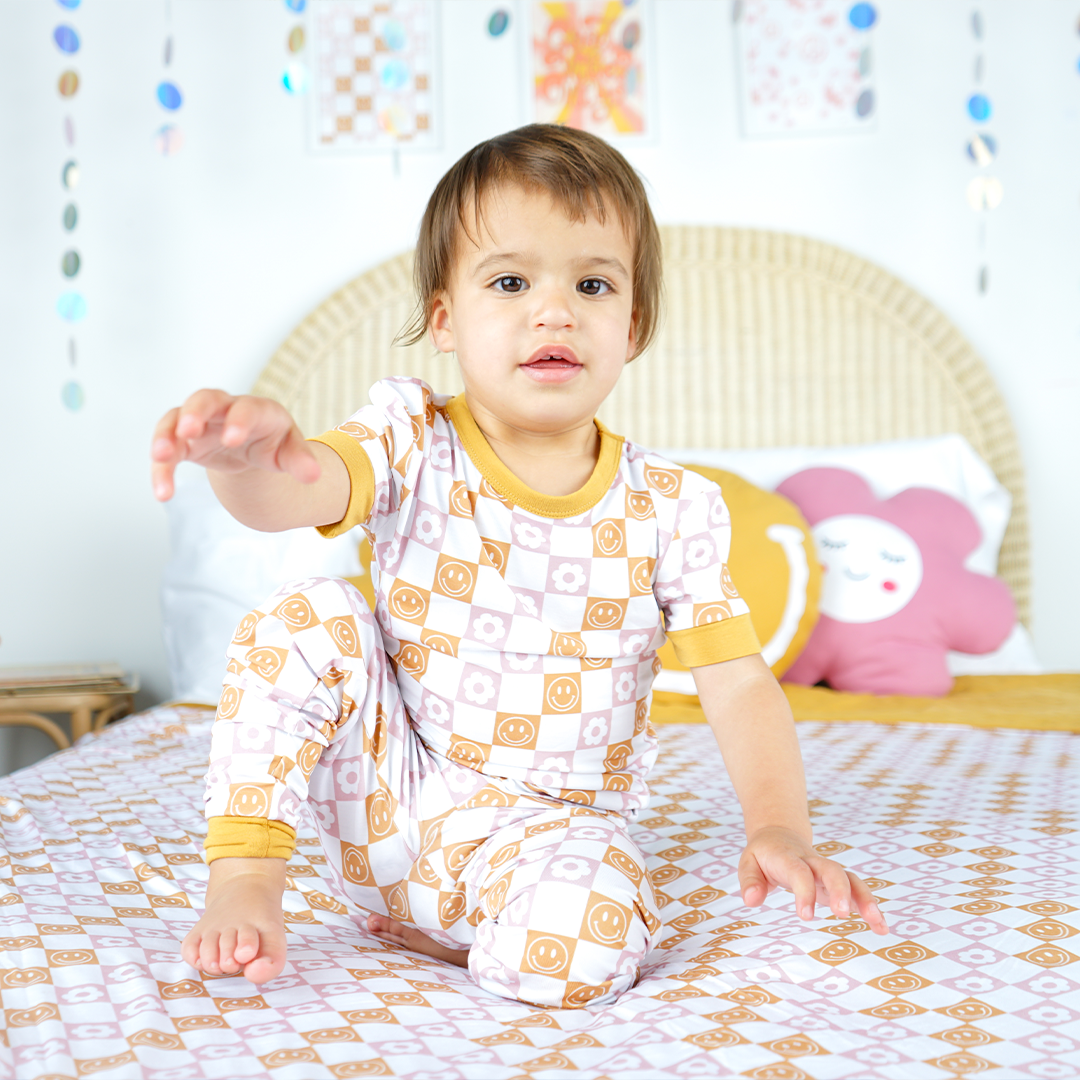 Happy Daze Pink Short Sleeve Bamboo Kids Pajama Pants Set