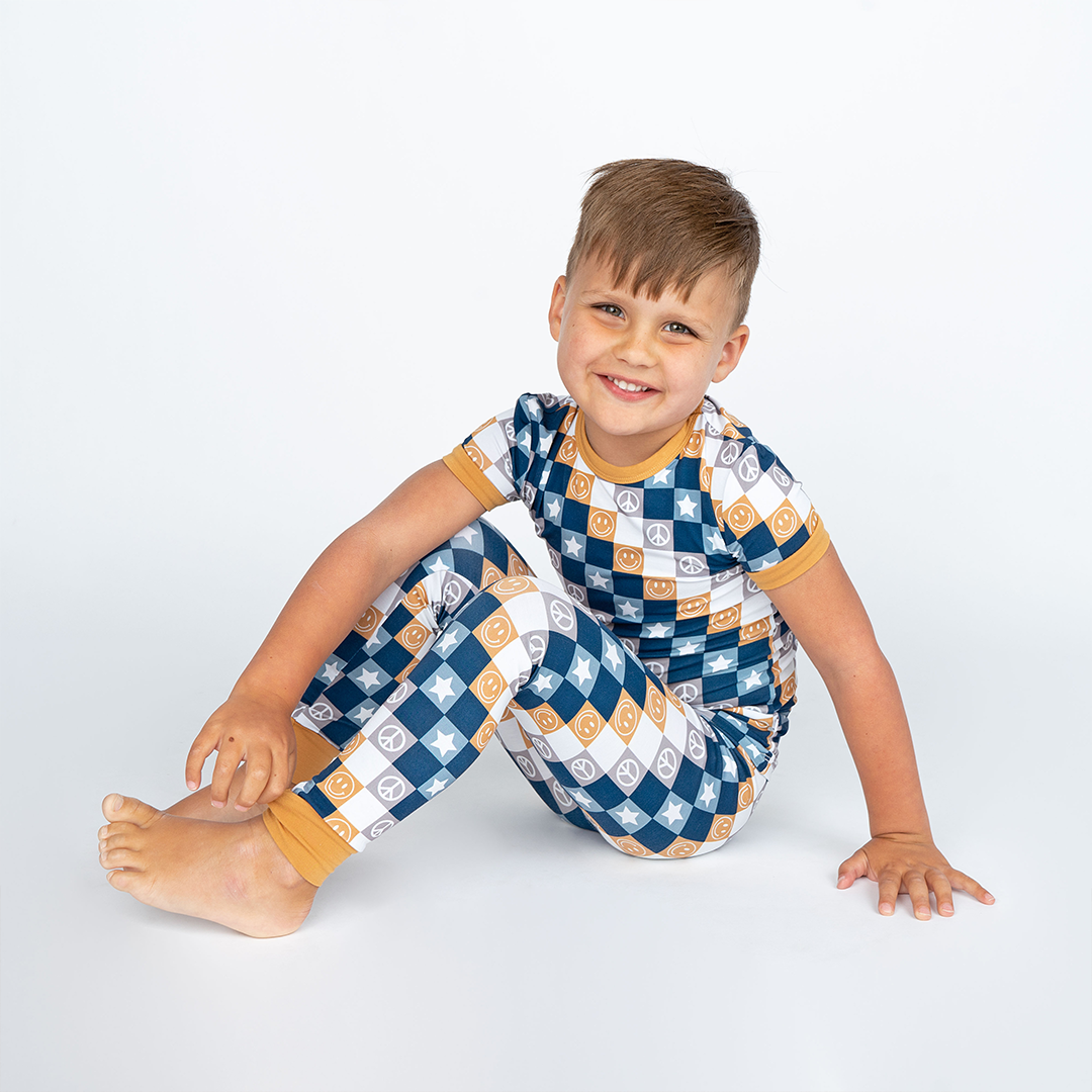 Happy Daze Blue Short Sleeve Bamboo Kids Pajama Pants Set