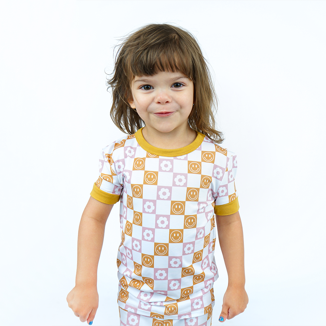 Happy Daze Pink Short Sleeve Bamboo Kids Pajama Pants Set
