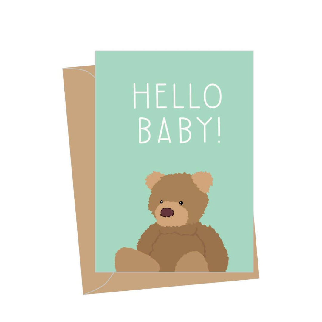 a mini card that has a teddy bear on the cover and says hello baby