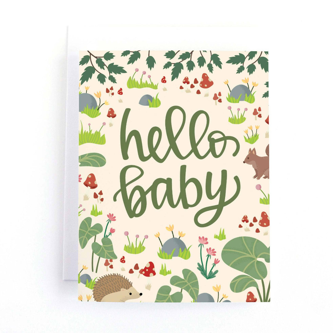 woodland themed greeting card that says hello baby